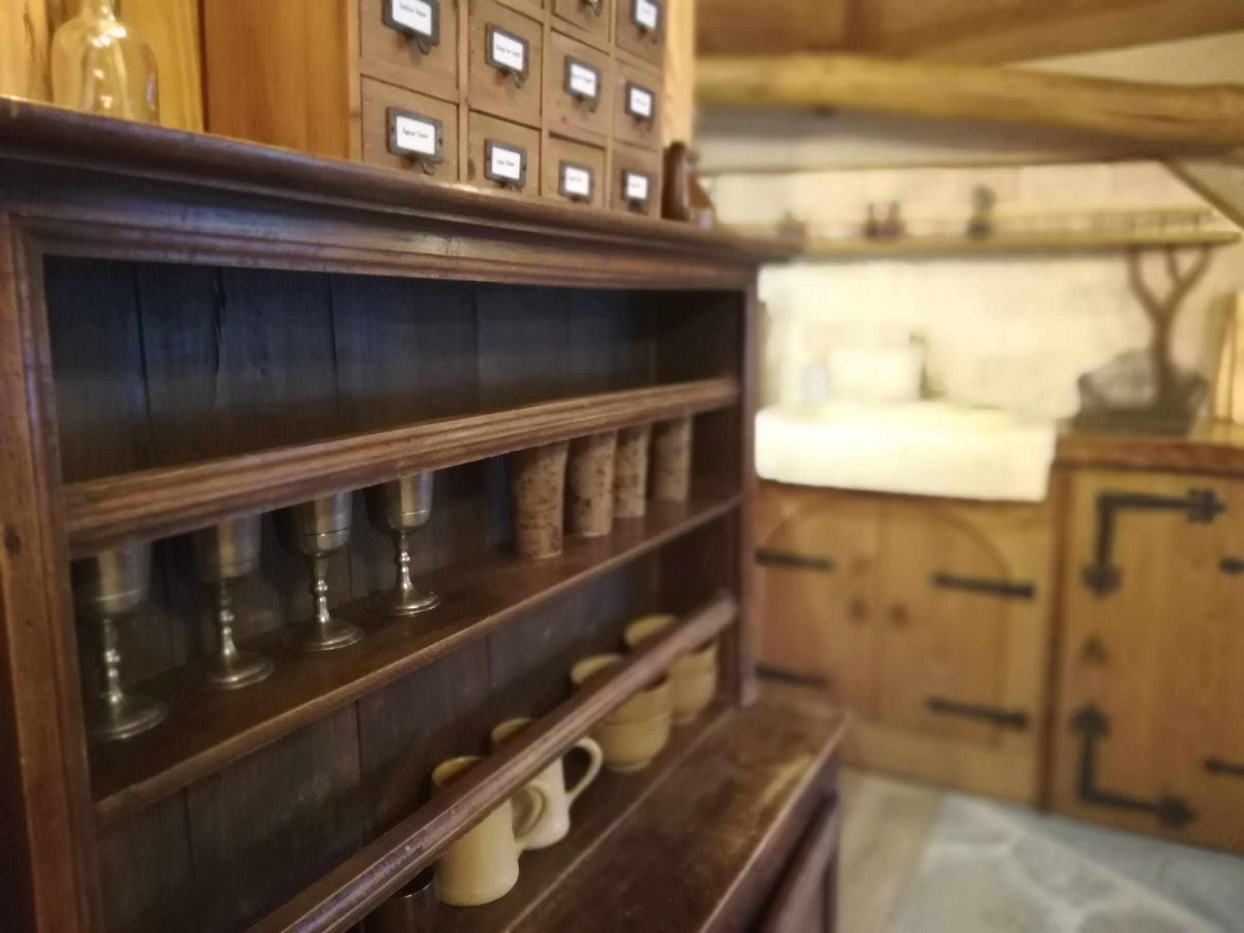 Hébergement Vaisselier ancien présentant des verres en étain et des ustensiles en grès, cuisine floue en arrière-plan