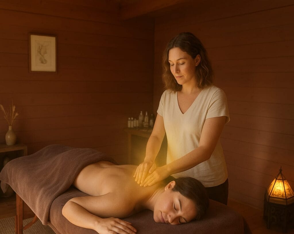 Femme donnant un massage dans un chalet, ambiance cocooning et détente