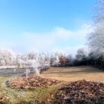 Hébergement Parking extérieur du Coteau des Fadets dans la Vienne entouré de végétation givrée en hiver
