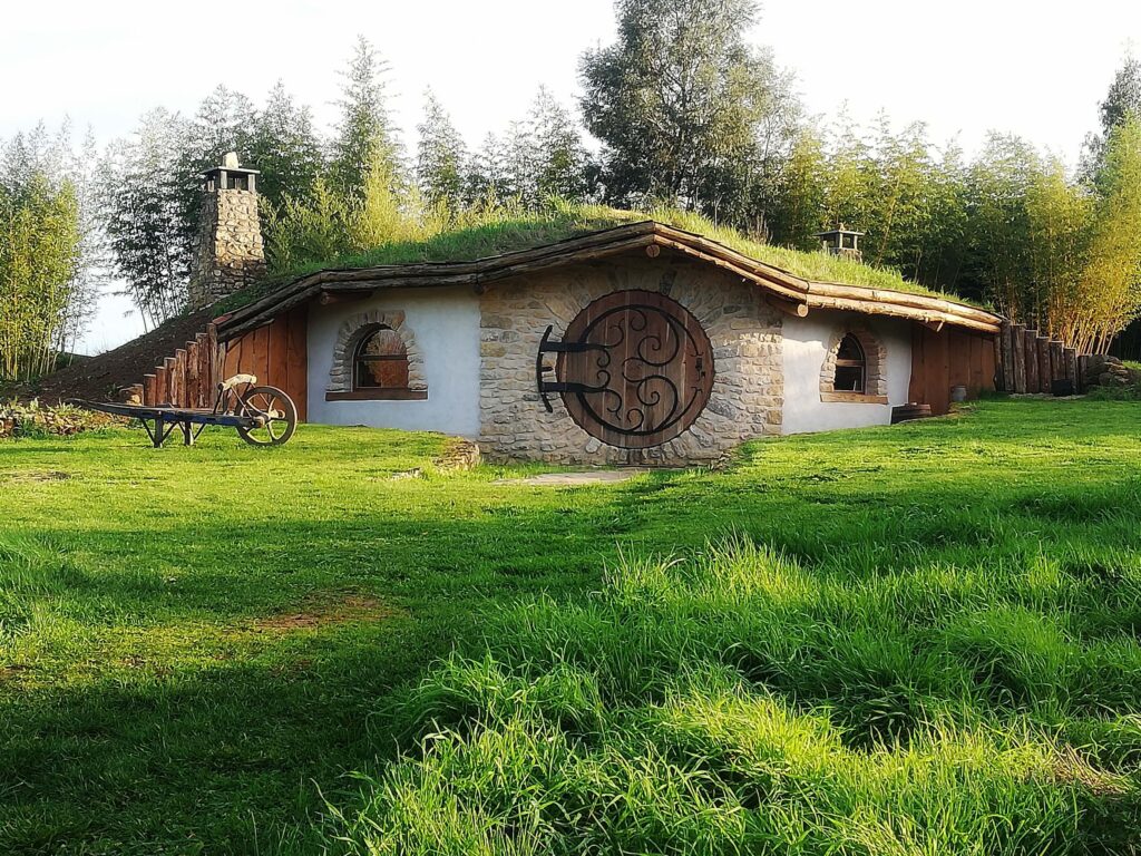 Maison de Hobbit insolite vue de face en pleine nature au Coteau des Fadets, près du Futuroscope