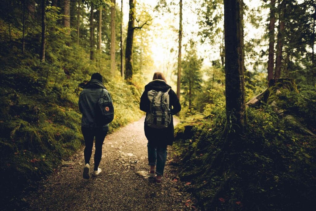 Deux randonneurs marchant en pleine nature dans une forêt de la Vienne, Poitou