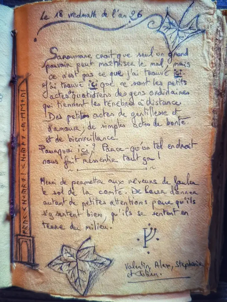 Mot du livre d'or manuscrit rédigé par Valentin et sa famille au Coteau des Fadets